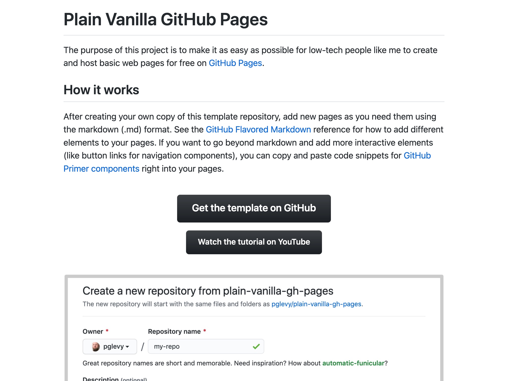 Screenshot of 'Plain Vanilla GitHub Pages' website
